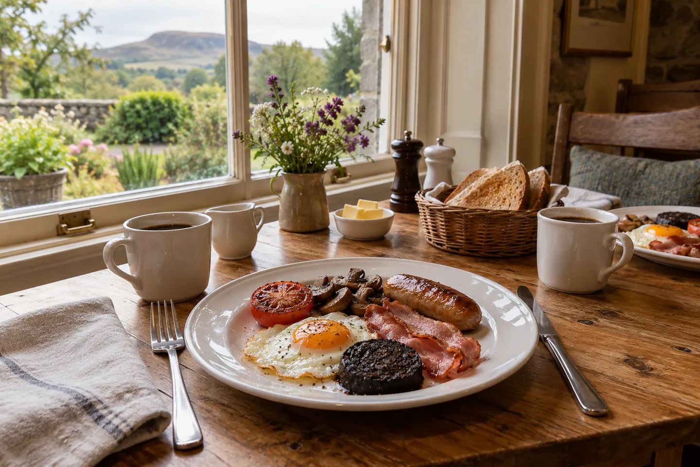 Desayuno con huevos, tostadas y café en un bed and breakfast