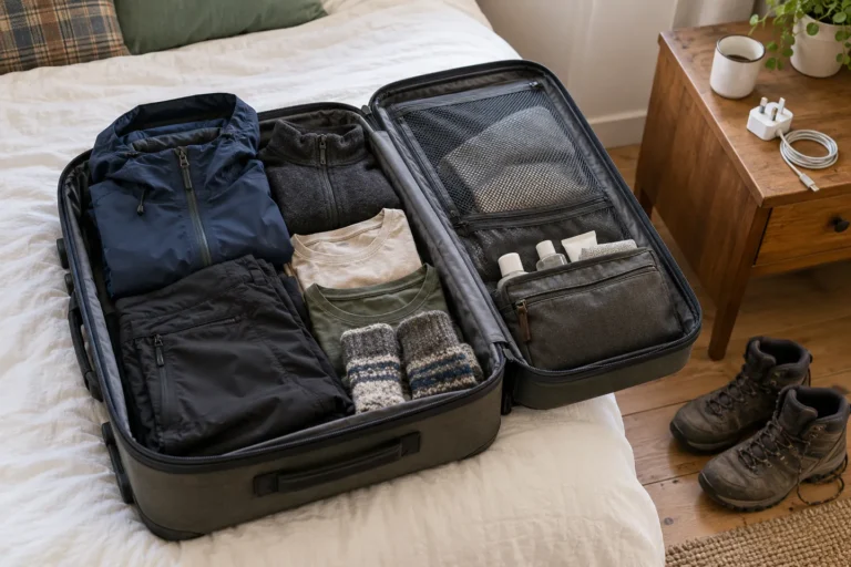 Maleta preparada con ropa por capas, impermeable, calcetines y calzado para Escocia