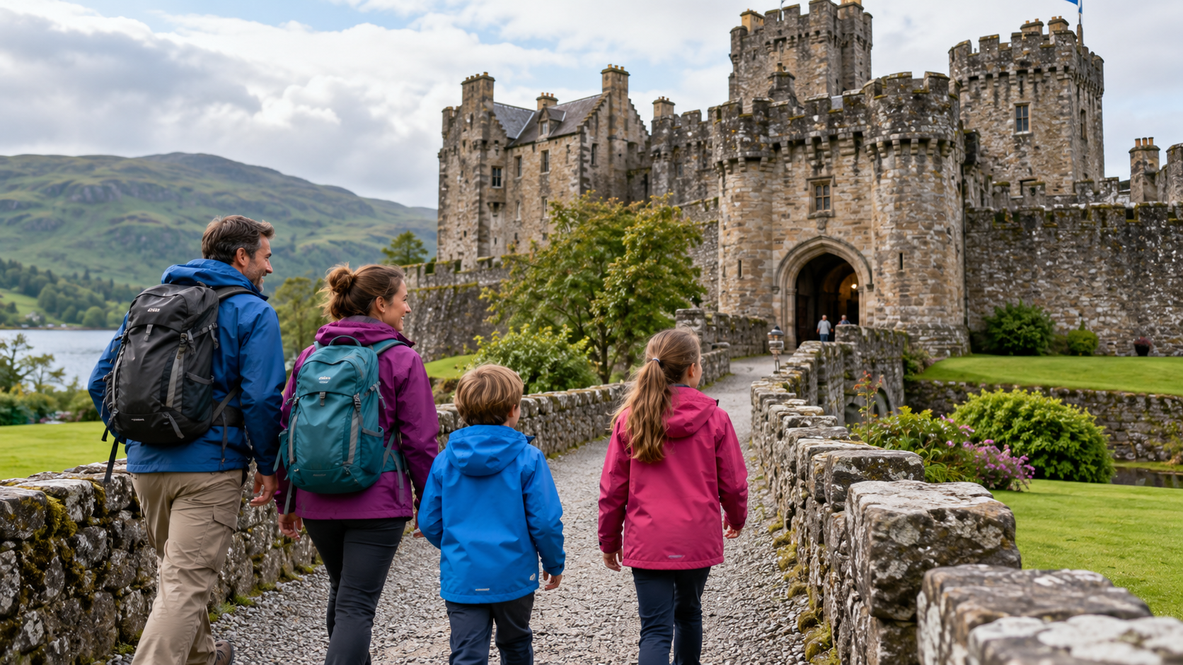 Familia visitando un castillo en Escocia