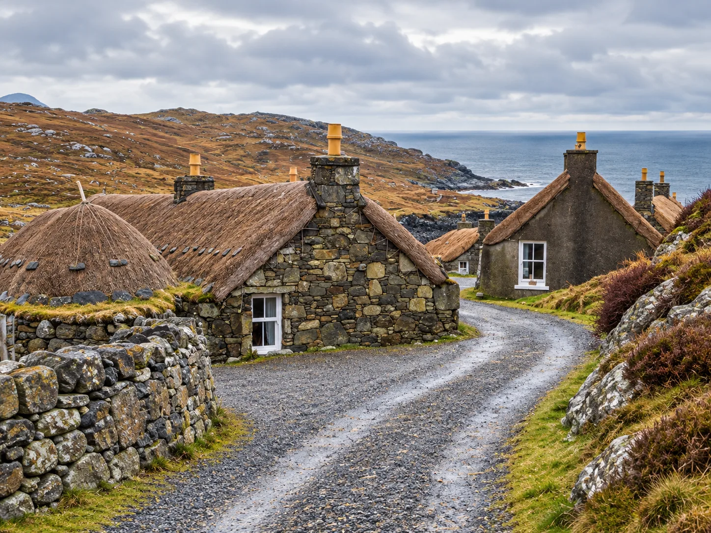 Casas tradicionales de piedra y techo de paja junto al mar en las Hébridas
