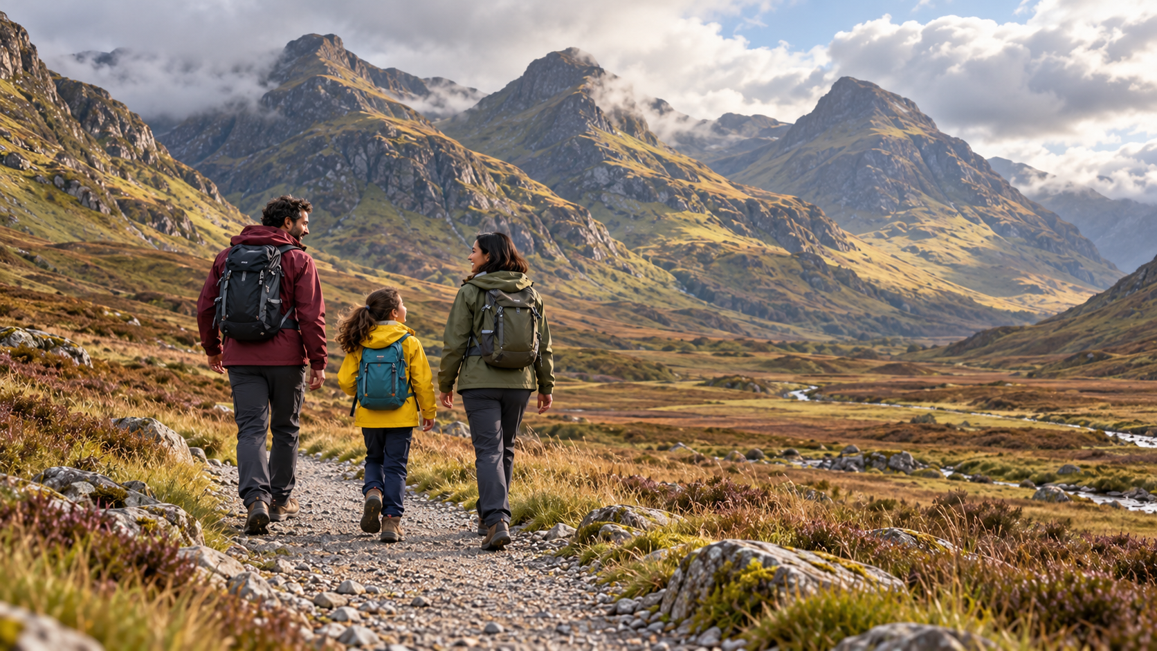 Familia caminando por un sendero entre montañas escocesas