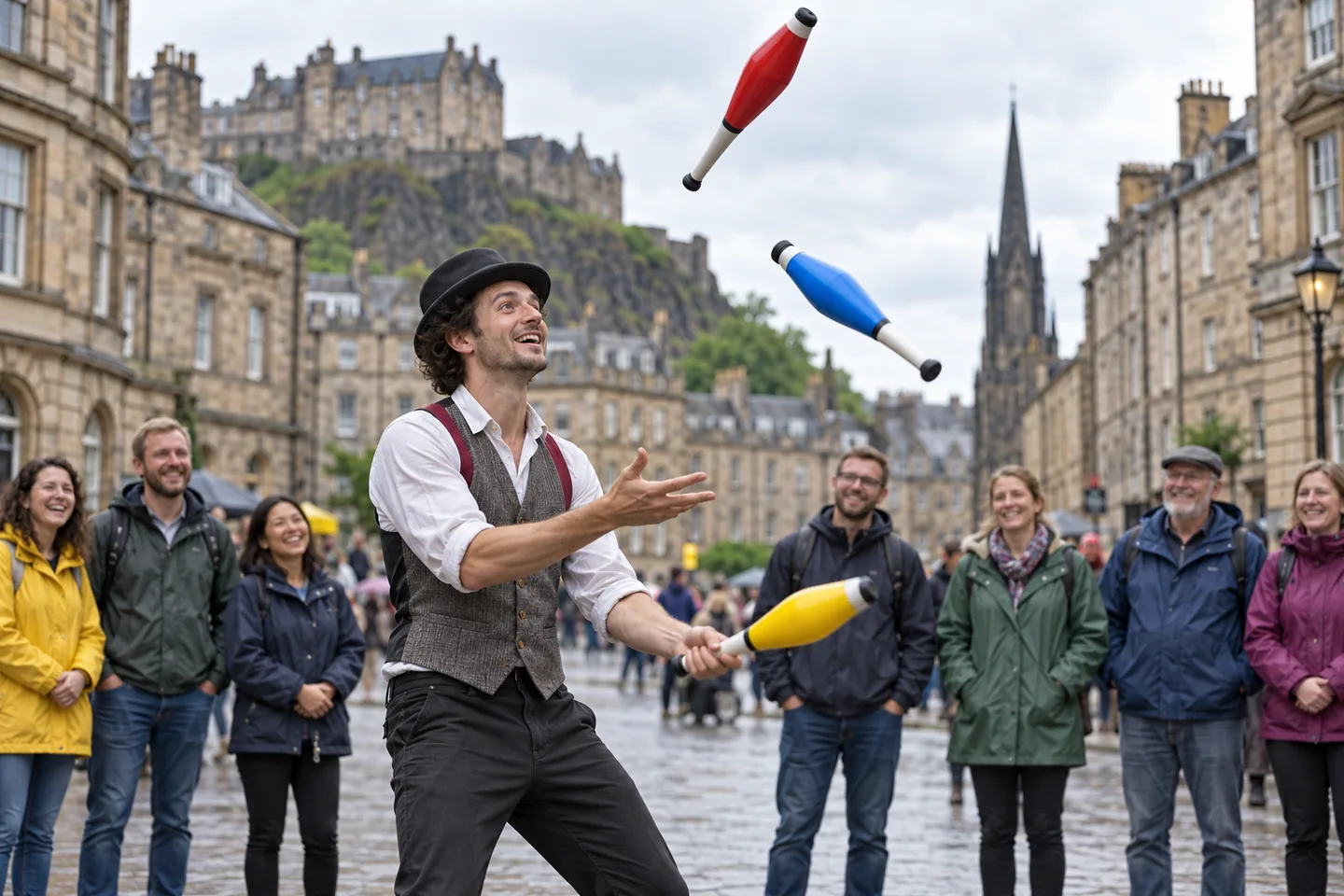 Artista de malabares actuando ante público en una calle de ambiente edimburgués