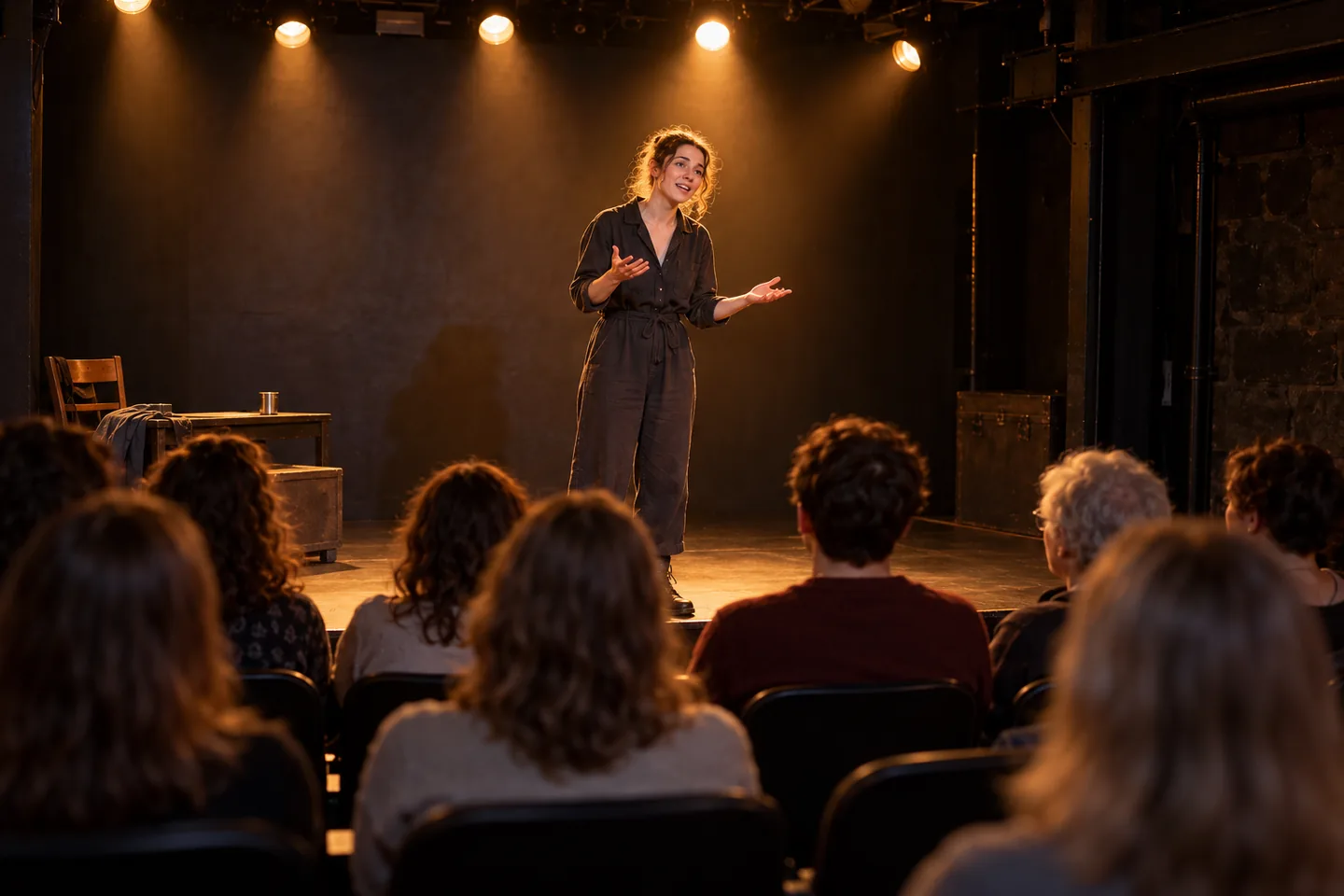 Actuación teatral en una pequeña sala con público