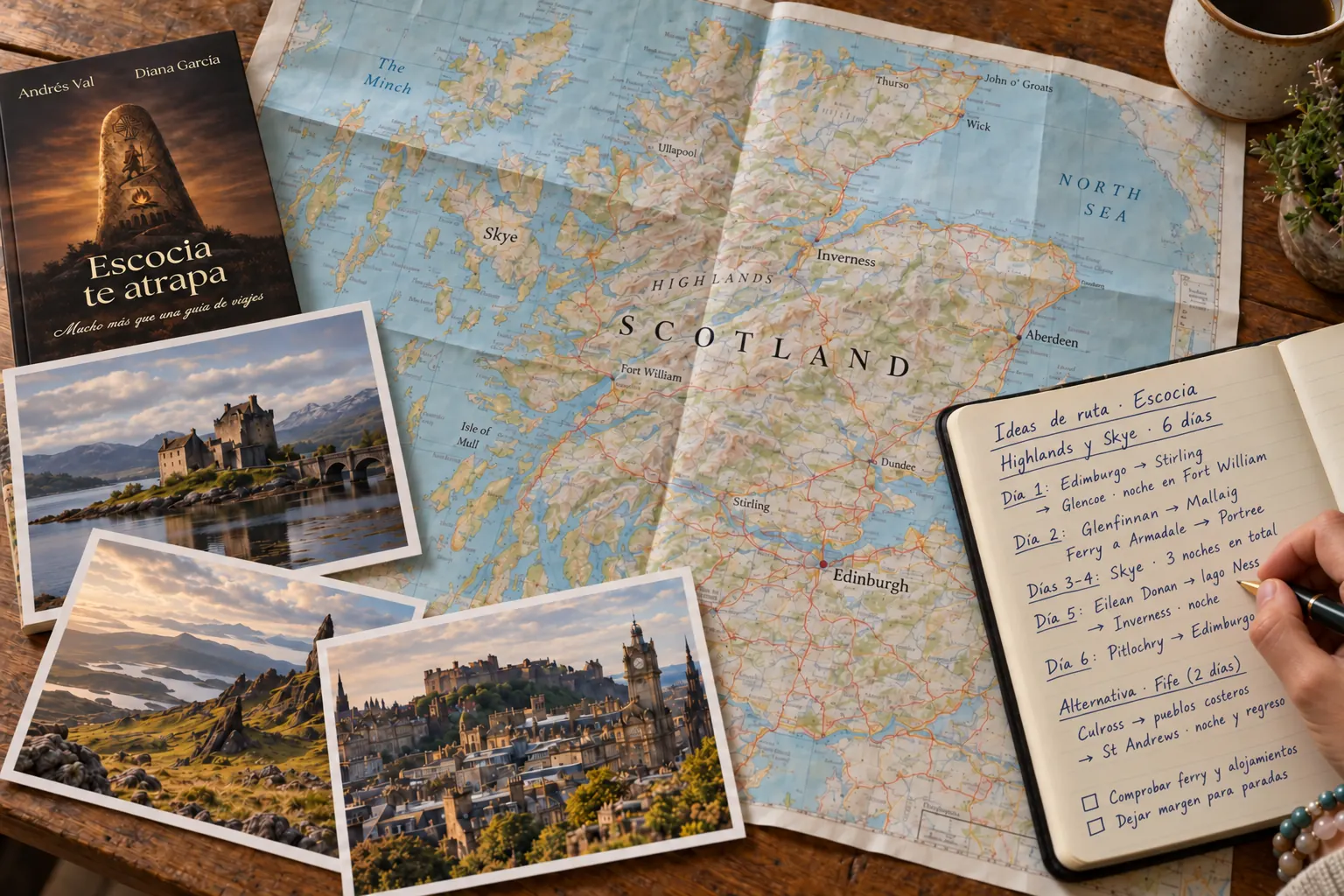 Mapa de Escocia con fotografías, el libro Escocia te atrapa y notas para planificar una ruta