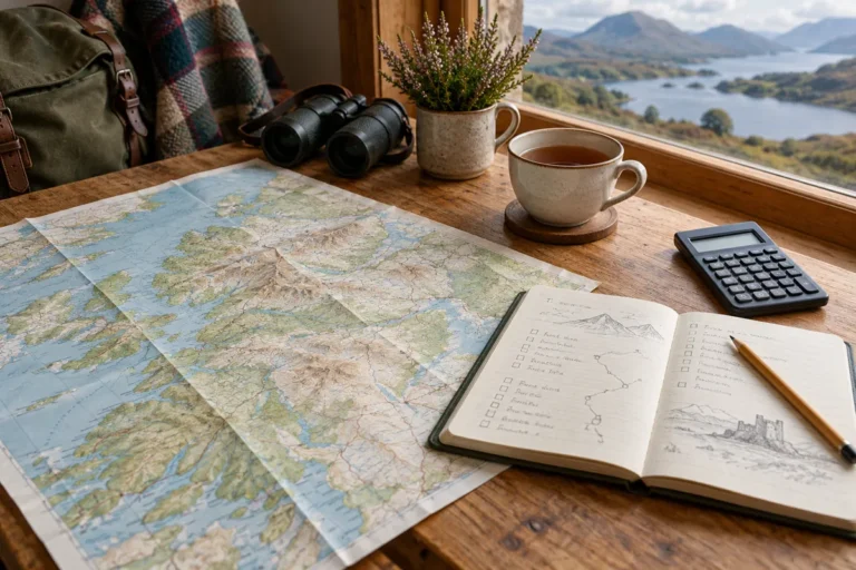 Mapa, cuaderno y calculadora para preparar el presupuesto de un viaje a Escocia