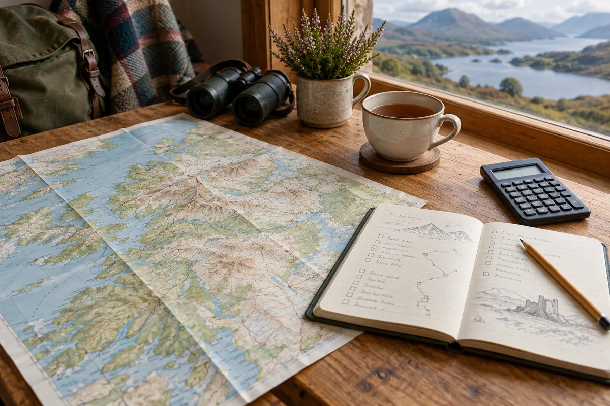 Mapa, cuaderno y calculadora para preparar el presupuesto de un viaje a Escocia