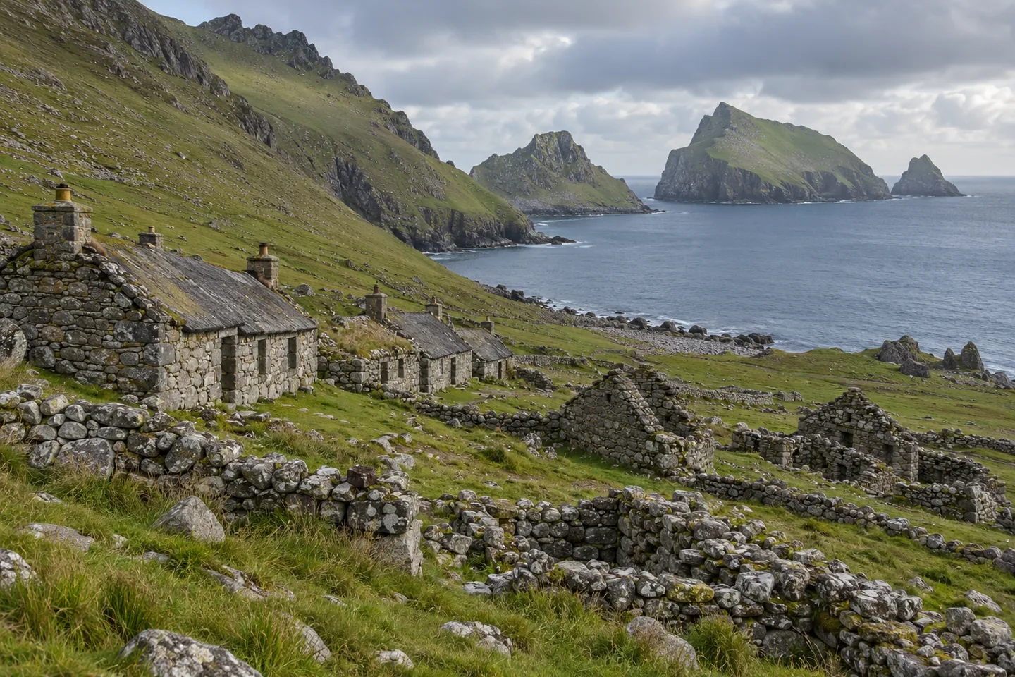 Recreación de viviendas tradicionales de piedra en una isla del Atlántico