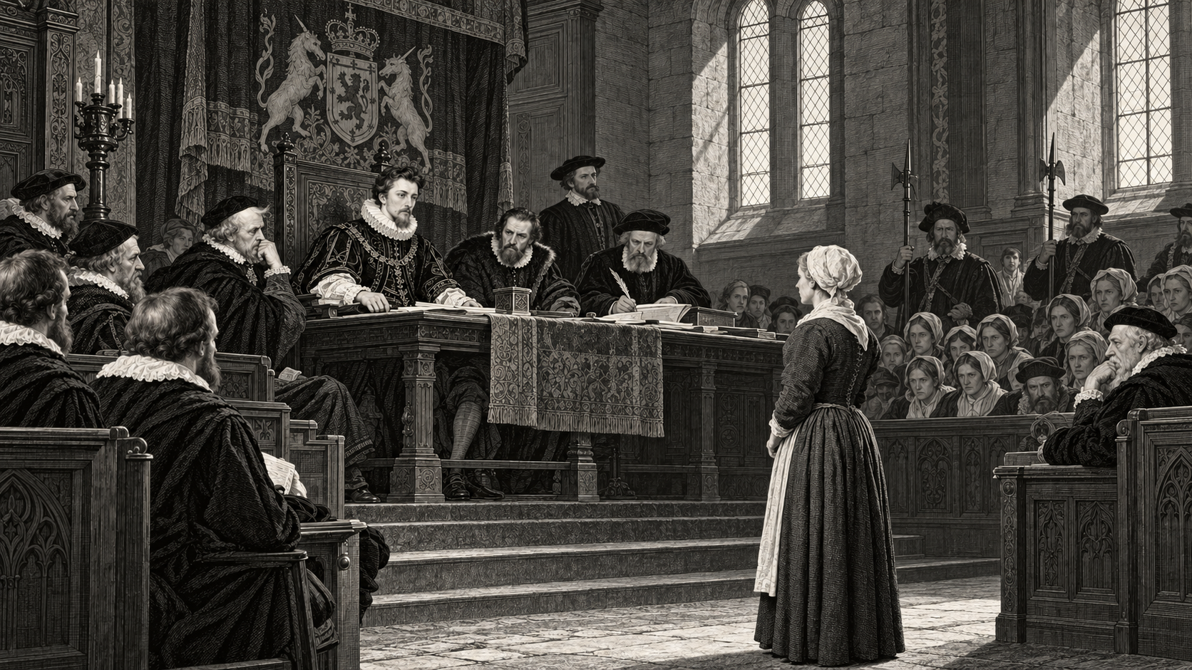 Ilustración de una mujer ante un tribunal por brujería en tiempos de Jacobo VI