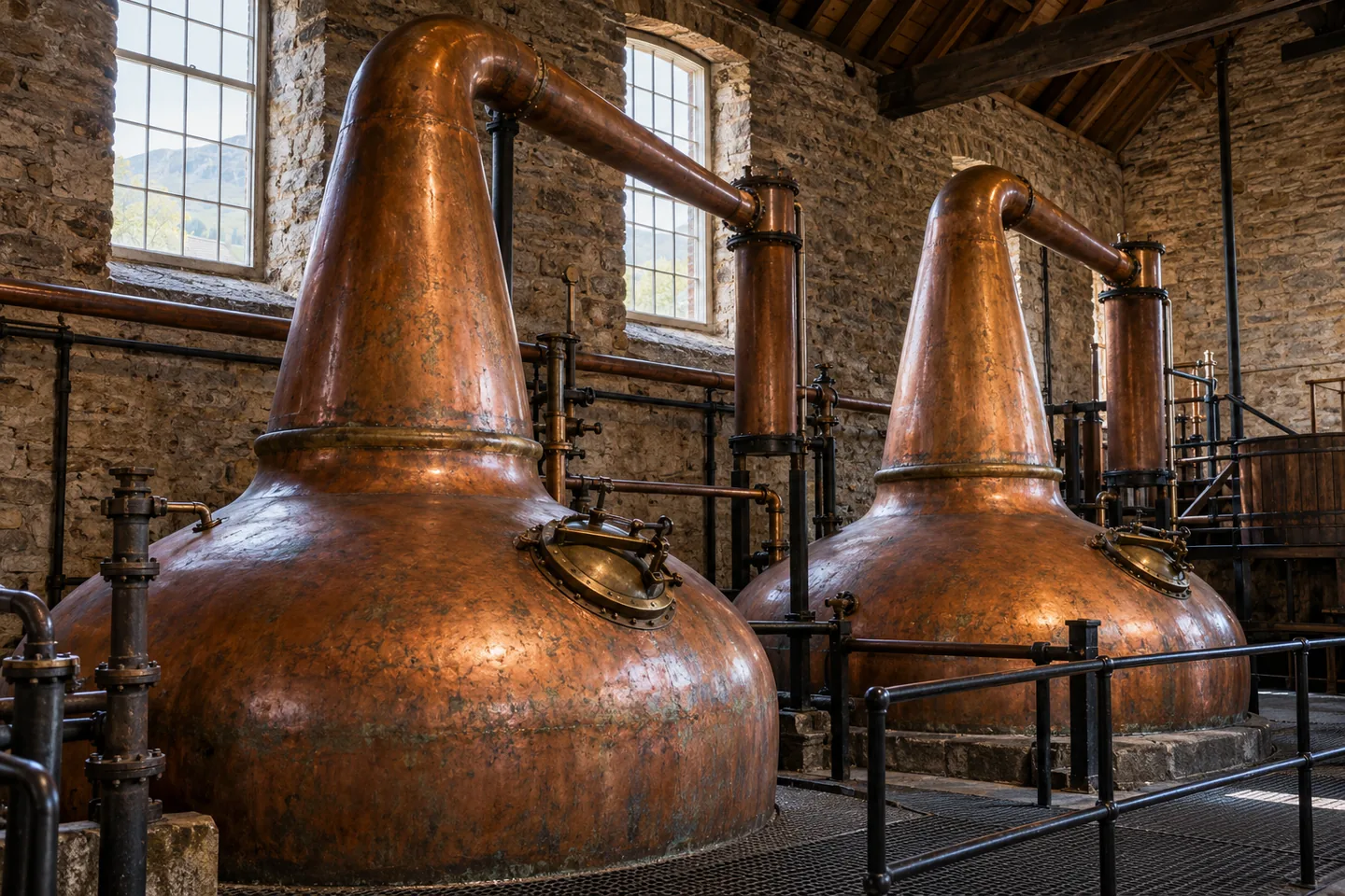 Alambiques tradicionales de cobre para la destilación del whisky