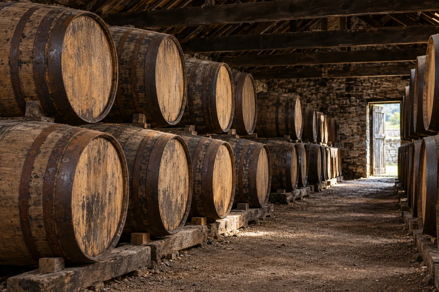 Barricas de roble en un almacén tradicional de maduración